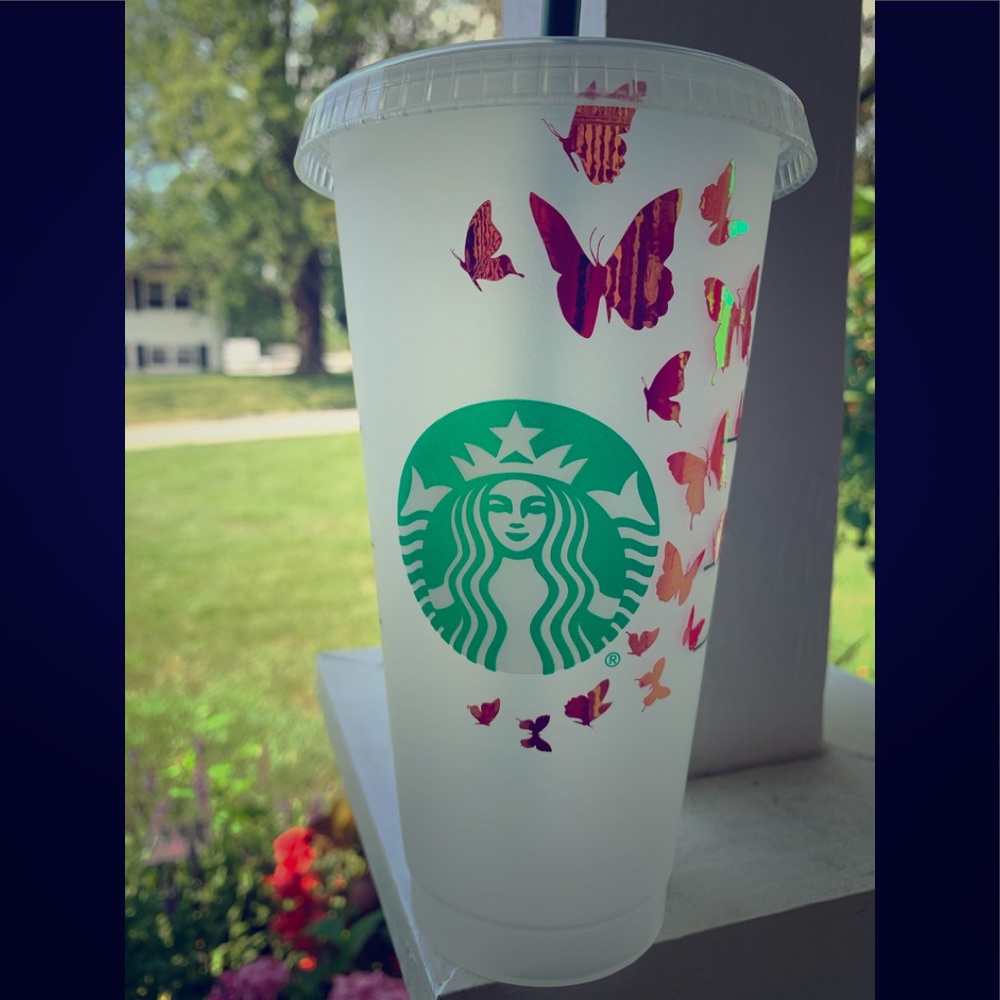 Starbucks cold cup with butterflies